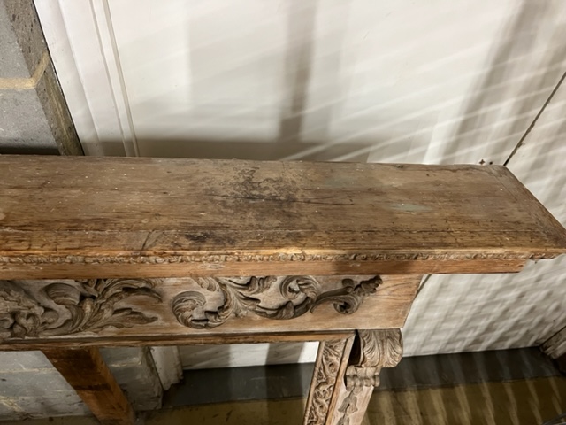 A Georgian carved pine fire surround, width 143cm, height 135cm (aperture width 96cm, height 105cm)